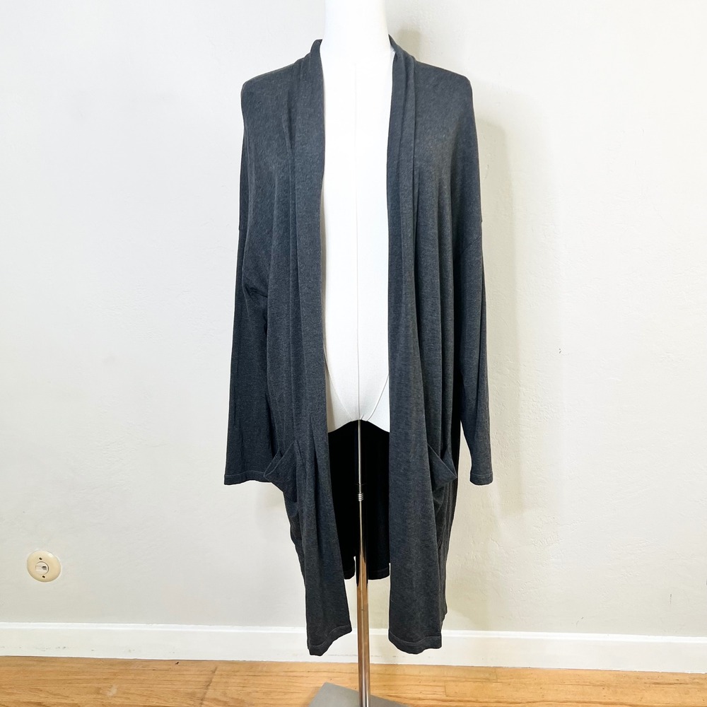 Eileen Fisher Gray Tencel Lyocell Open Front Long Cardigan Duster Sweater Large